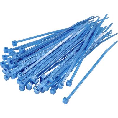 Een wirwar van blauwe kabelbinders ligt rommelig op een witte achtergrond.