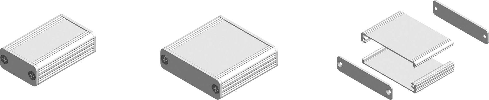 Drie afbeeldingen van een rechthokkige metalen behuizing: links gesloten, in het midden gedeeltelijk geopend, rechts uit elkaar genomen.