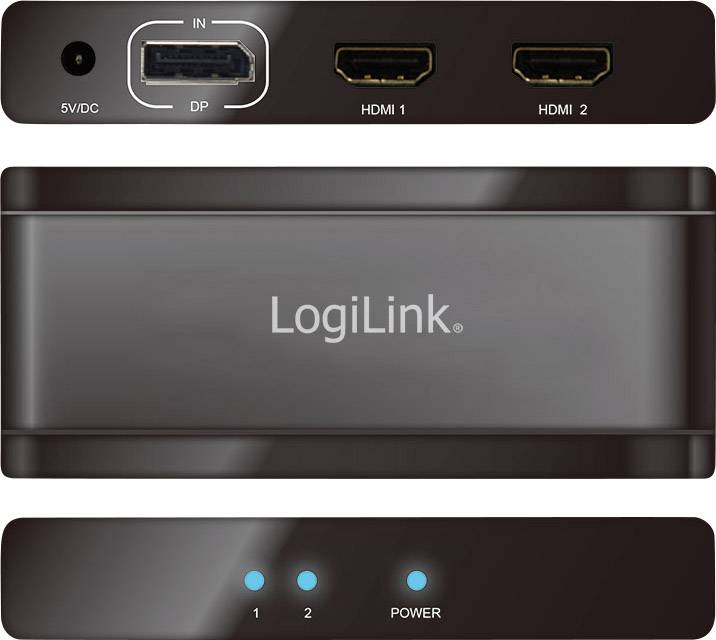 HDMI-switch met twee HDMI-ingangen, één DP-ingang en een aan/uit-knop. Merkenlogo 'LogiLink' op de bovenkant.