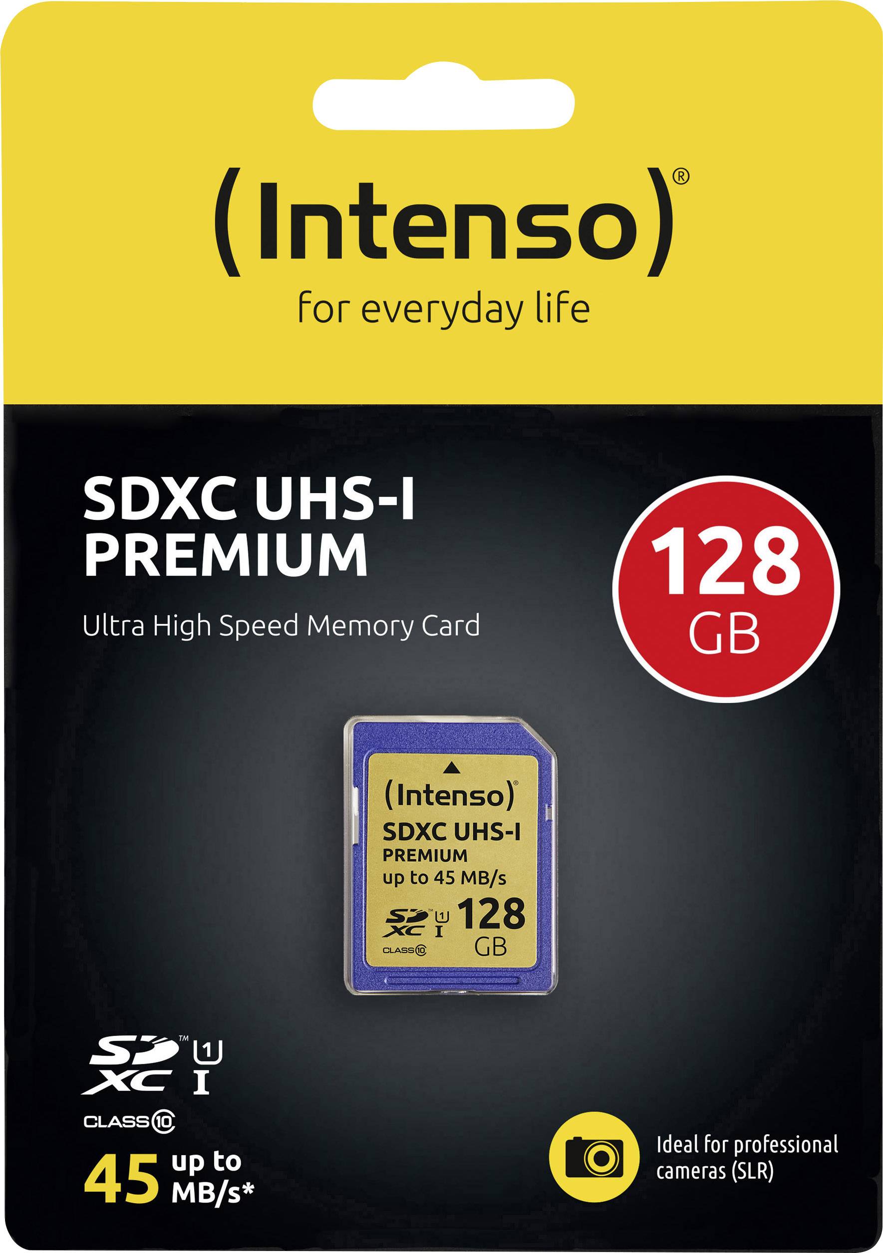 'Intenso SDXC UHS-I Premium 128 GB' geheugenkaart. Snelle prestaties tot 45 MB/s, geschikt voor professionele camera's (SLR).