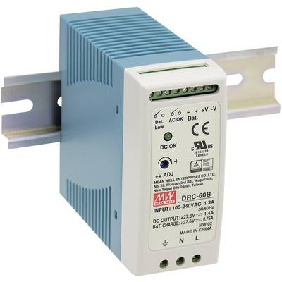 Een voedingsadapter voor DIN-railmontage, gemarkeerd met ingangsspanning 100-240V AC, uitgang 27V DC, stroomsterkte 1,3A.
