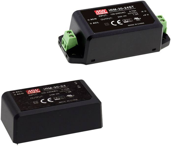 Twee elektronische modules met de opdruk 'IRM-30-24' en ingangs-/uitgangspecificaties. Eén module heeft groene aansluitklemmen.