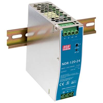 Een schakelvoeding van Mean Well (model NDR-120-24) gemonteerd op een DIN-rail, 24V uitgangsspanning, 120W vermogen.