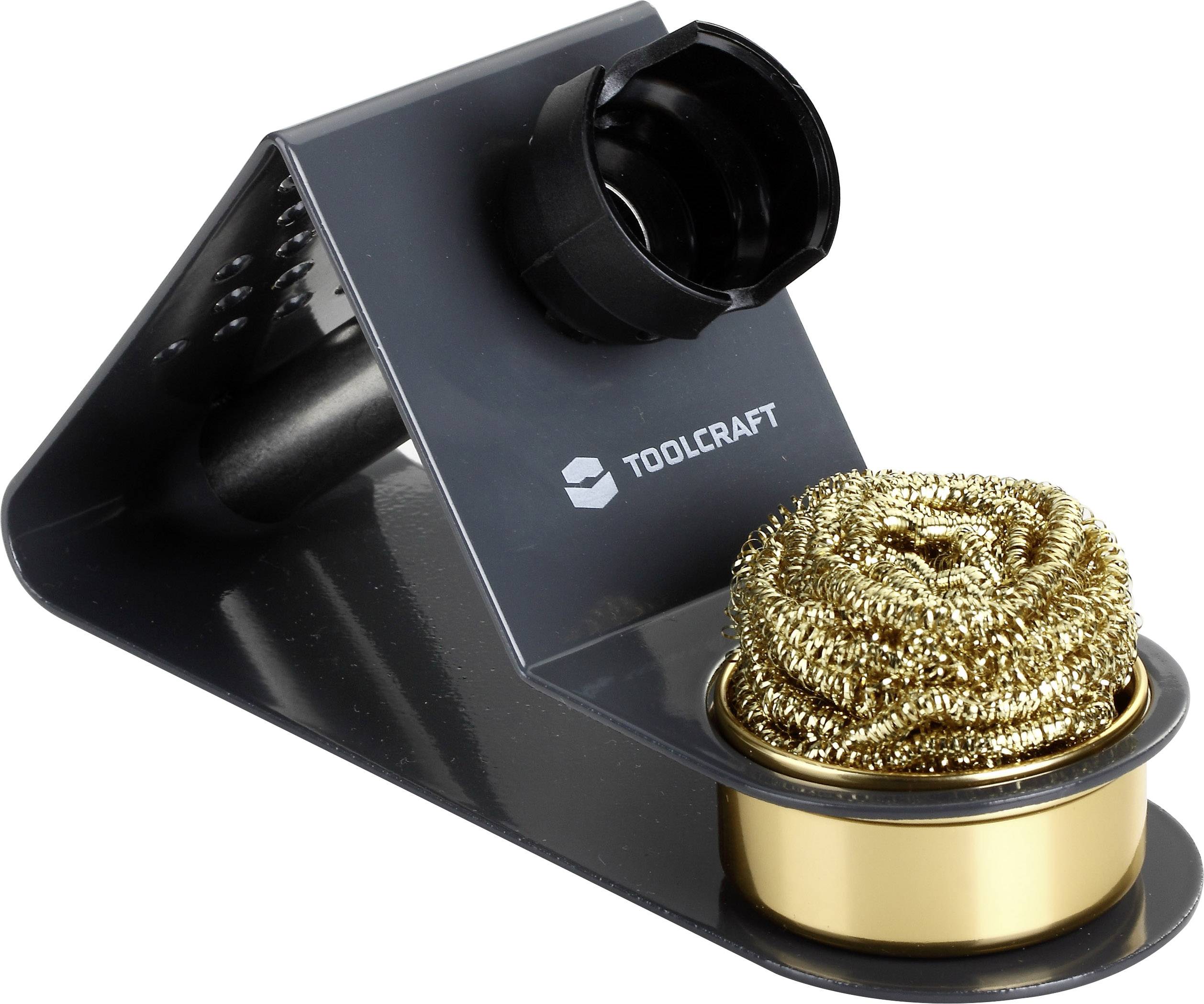 Soldeerboutstandaard van Toolcraft met zwarte houder en gouden reinigingsspiraal.