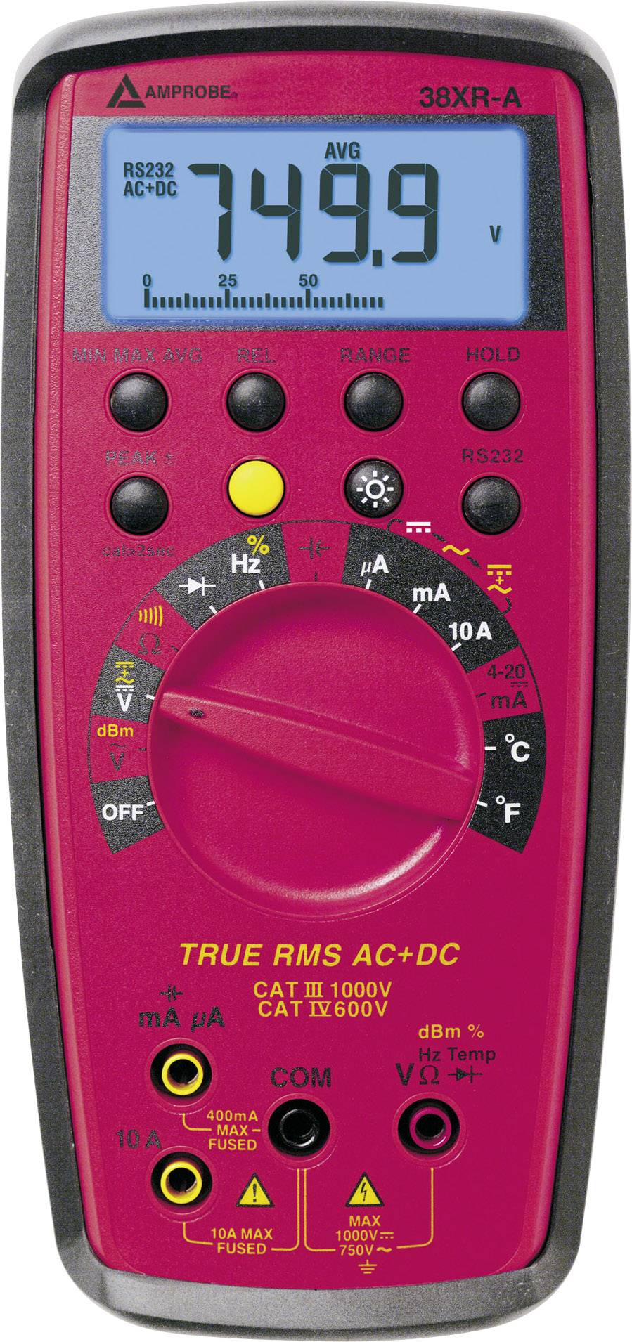 Rode digitale multimeter met blauw display toont '749.9'. Het heeft veel knoppen voor verschillende meetfuncties.