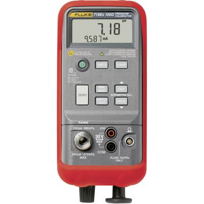 Een rood drukcalibratieapparaat toont '7,18 psi' en '9,587 mA' op het display. Bedieningsknoppen bevinden zich eronder.