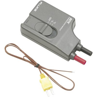 De 'Fluke 80TK Thermoelement-Modul' toont een adaptermodule met een draaiknop en thermokoppelaansluiting voor temperatuurmetingen.