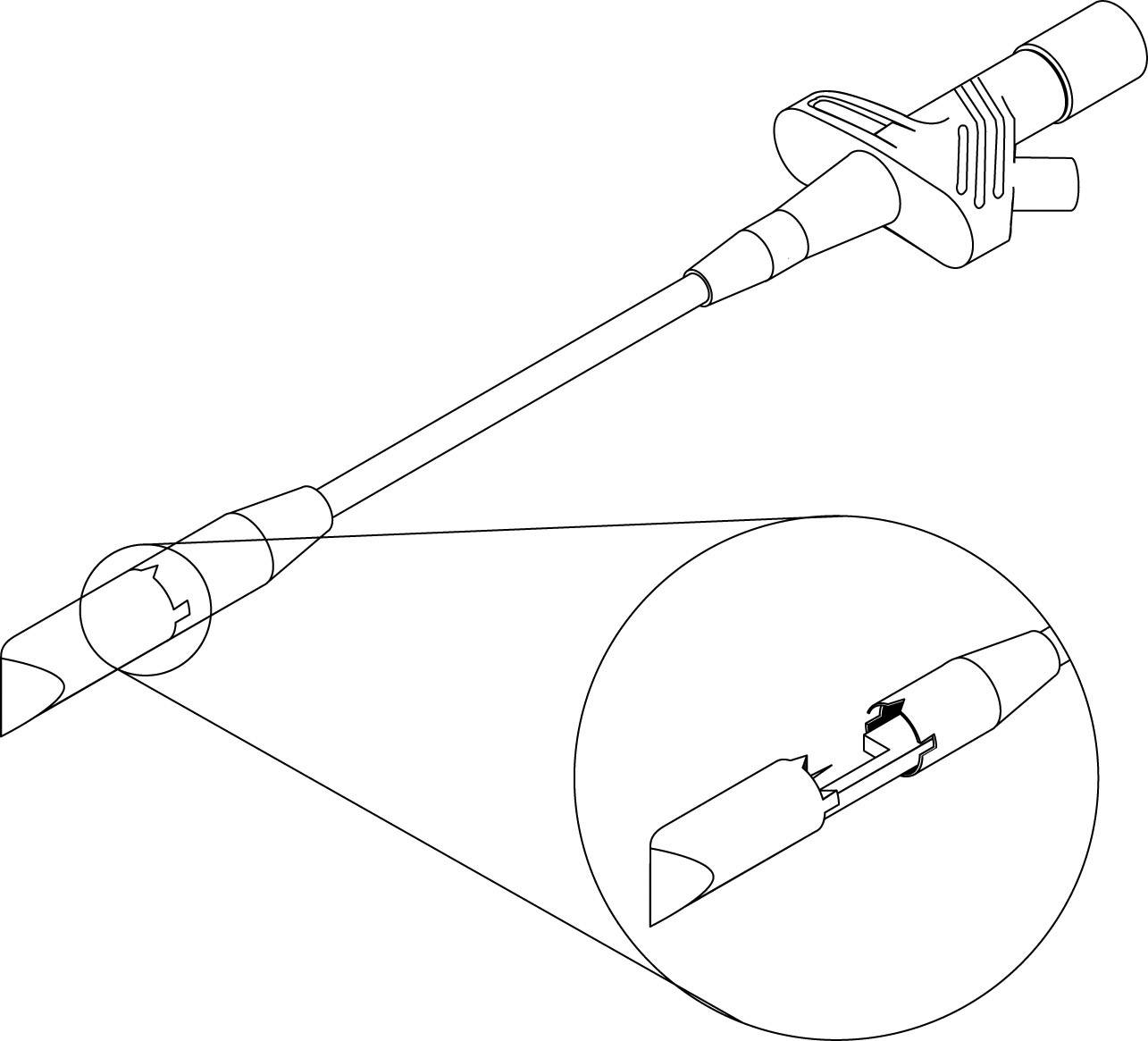 Illustratie van een medische tube met een gedetailleerde weergave van een beschadigd gedeelte, gemarkeerd in een cirkel.