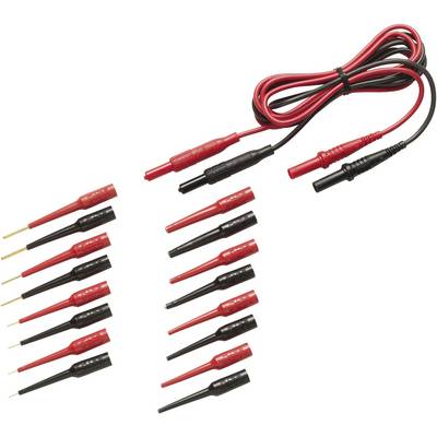 Een set meetpennen met rood-zwarte kabels en verwisselbare punten wordt afgebeeld, gebruikt voor elektrische tests en metingen.
