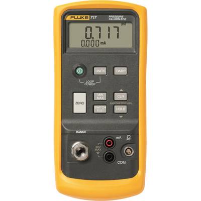 Digitale drukkalibrator met display dat psi en mA weergeeft; toetsen voor eenheden, demping, nulstelling en min/max-waarde.