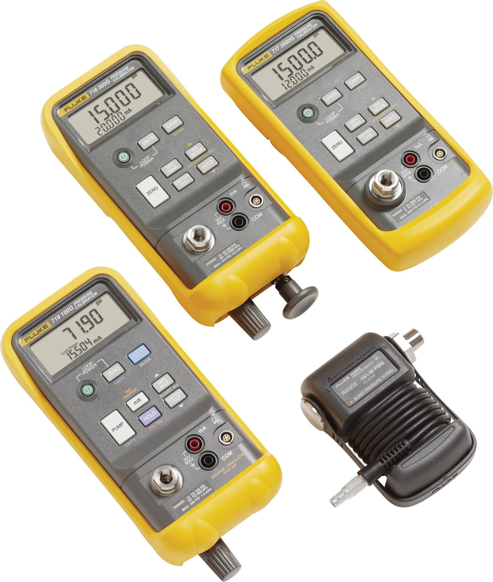 Drie gele elektronische meetinstrumenten tonen verschillende getallen op hun schermen. Eén van de apparaten heeft een aangesloten slangaansluiting.