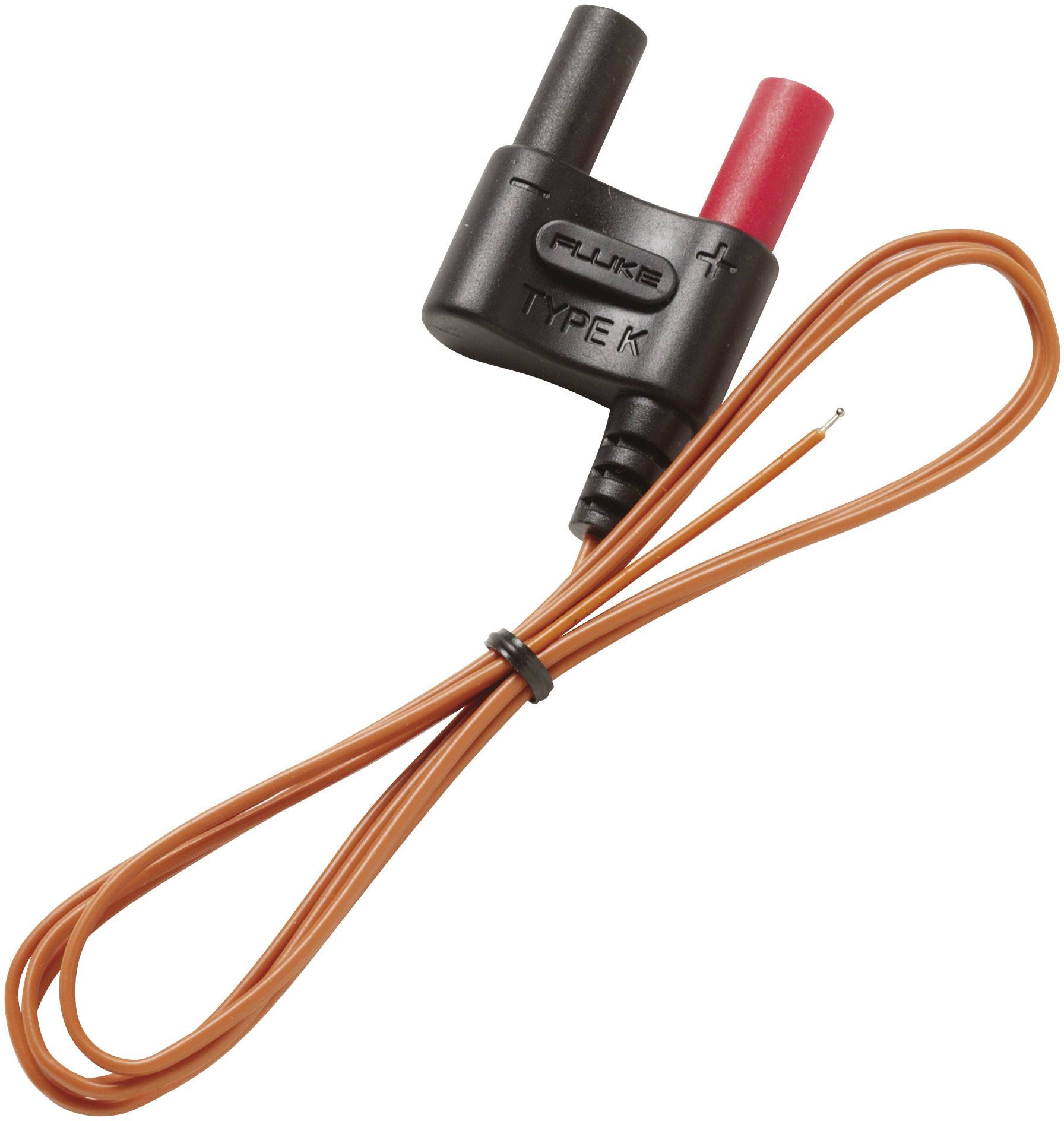 Elektrische thermokoppel-stekker met twee aansluitingen, rood en zwart, en een lang, oranje kabel.