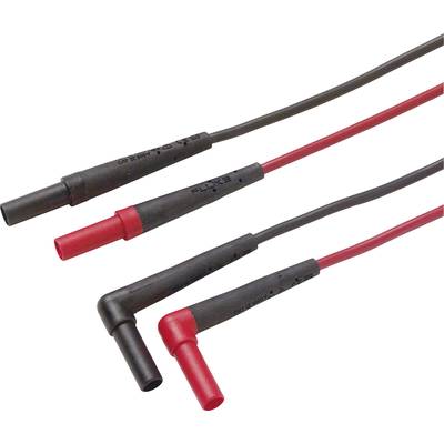 Twee paar meetleidingen in rood en zwart met haaks aangesloten stekers, vaak gebruikt in elektrische of elektronische toepassingen.