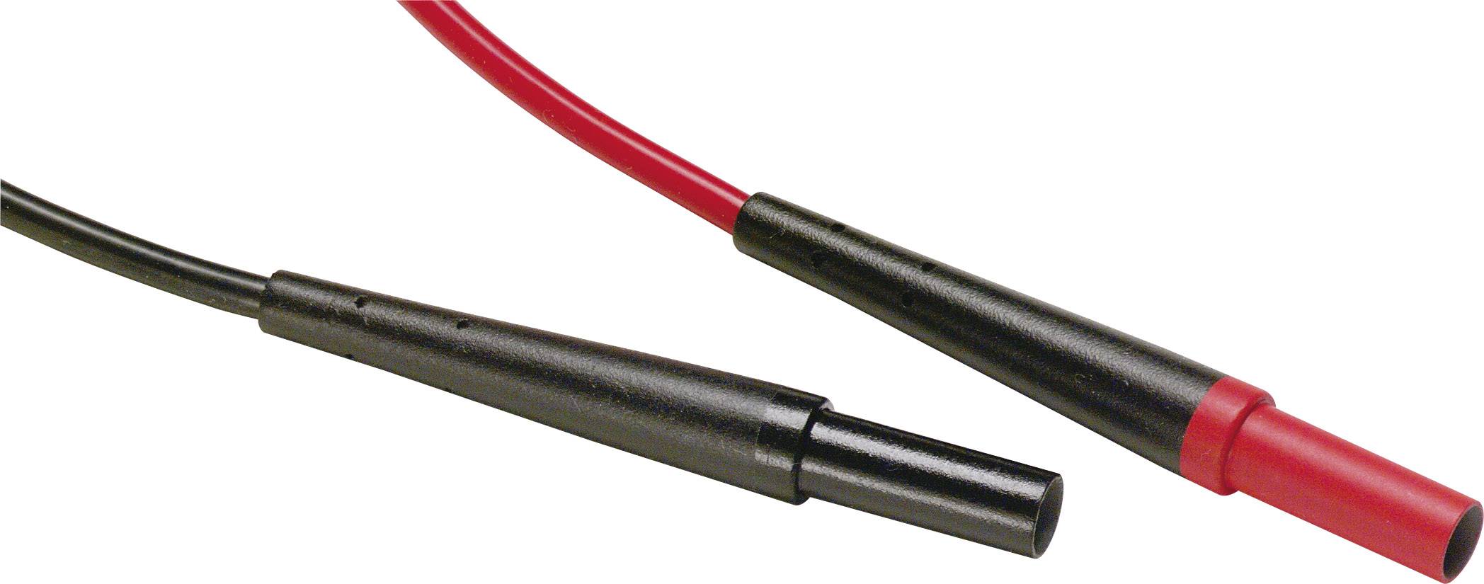 Twee meetkabels, één rood en één zwart, met geïsoleerde stekkers om aan te sluiten op elektrische apparaten.