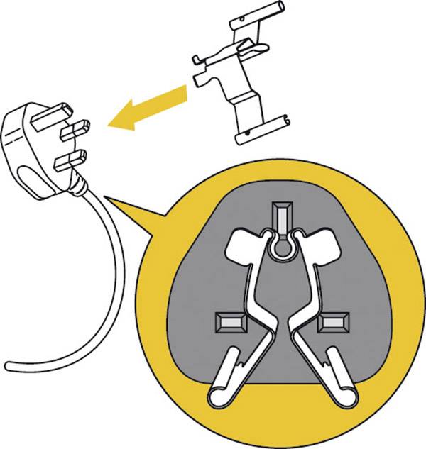 De afbeelding toont een driepolige stekker met een gemarkeerde, gele losmechanisme voor een aangesloten bevestiging.
