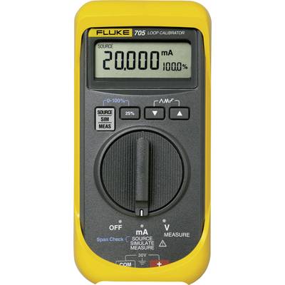De 'Fluke 705 Loop Calibrator' geeft '20.000 mA' weer op het display. Geel apparaat met een zwartDisplay voor het meten van elektrische signalen.