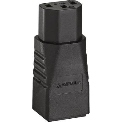 Een zwarte adapter met drie aansluitbussen en de opdruk 'Amprobe' aan de zijkant.