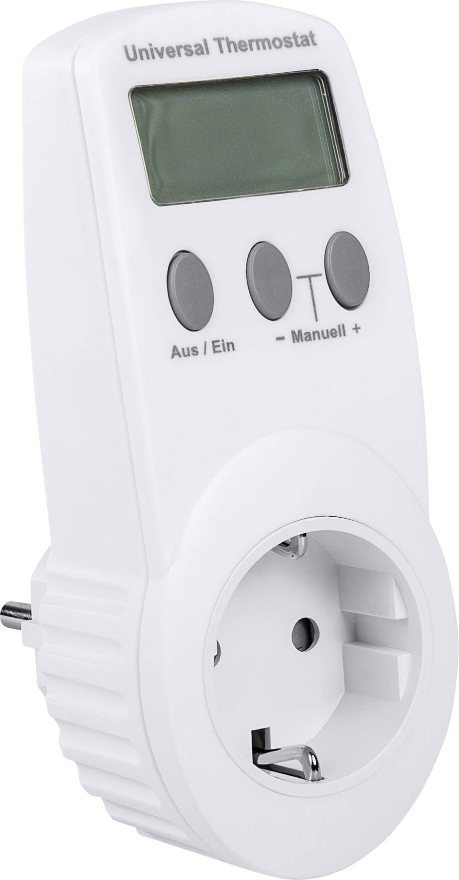 Witte, stekkerbare thermostaat met digitaal display en drie bedieningstoetsen, gemarkeerd met 'Uit/Aan', 'Handmatig' en '+'.