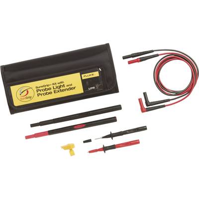 Kit voor elektrische metingen bestaande uit testkabels, testlamp, verlengstukken en draagtas. Gemarkeerd met 'SureGrip' en 'Fluke'.
