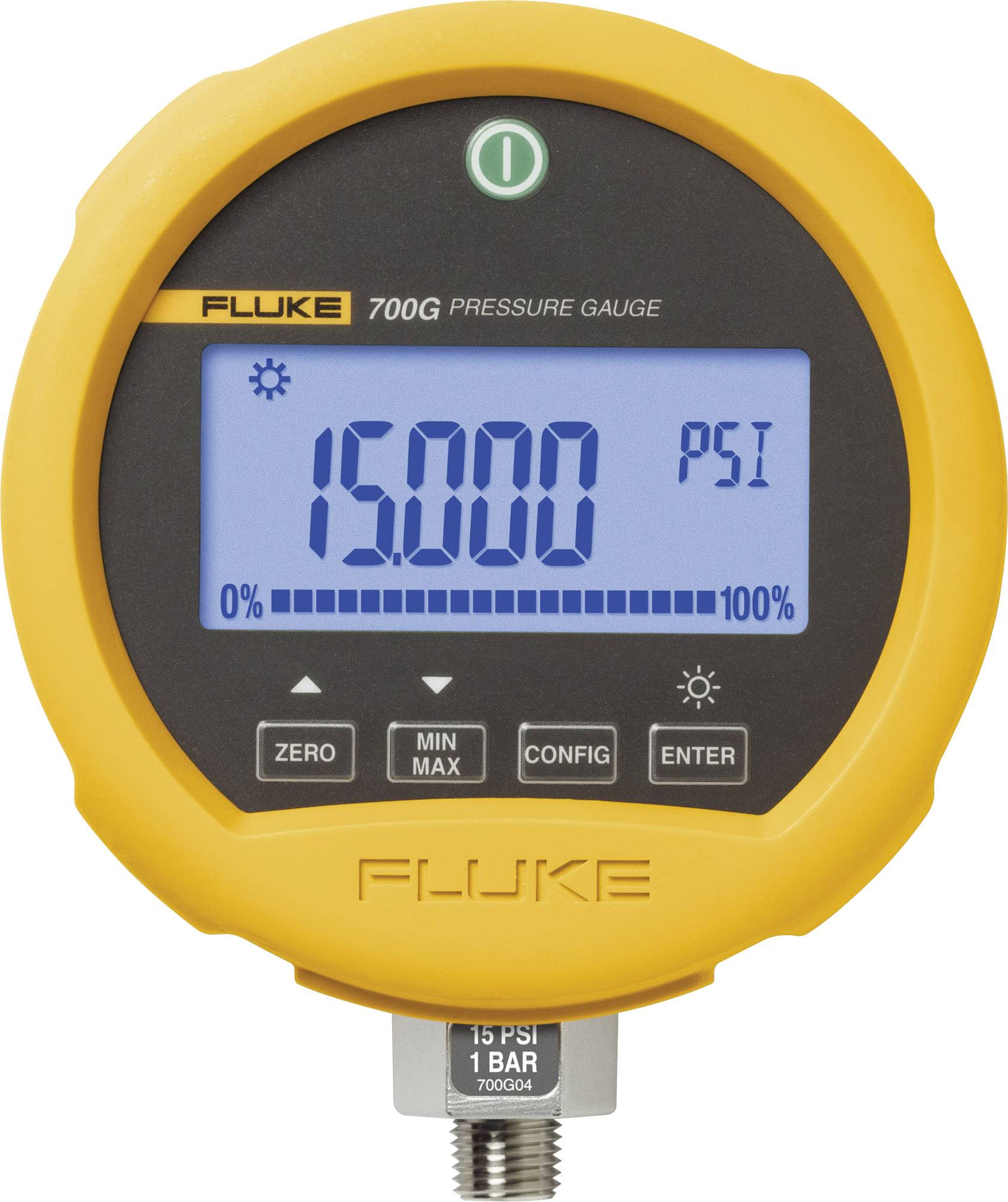 Een digitaal manometer toont '15.000 PSI'. Bovenaan staat 'FLUKE 700G Pressure Gauge'. Bedieningstoetsen bevinden zich daaronder.