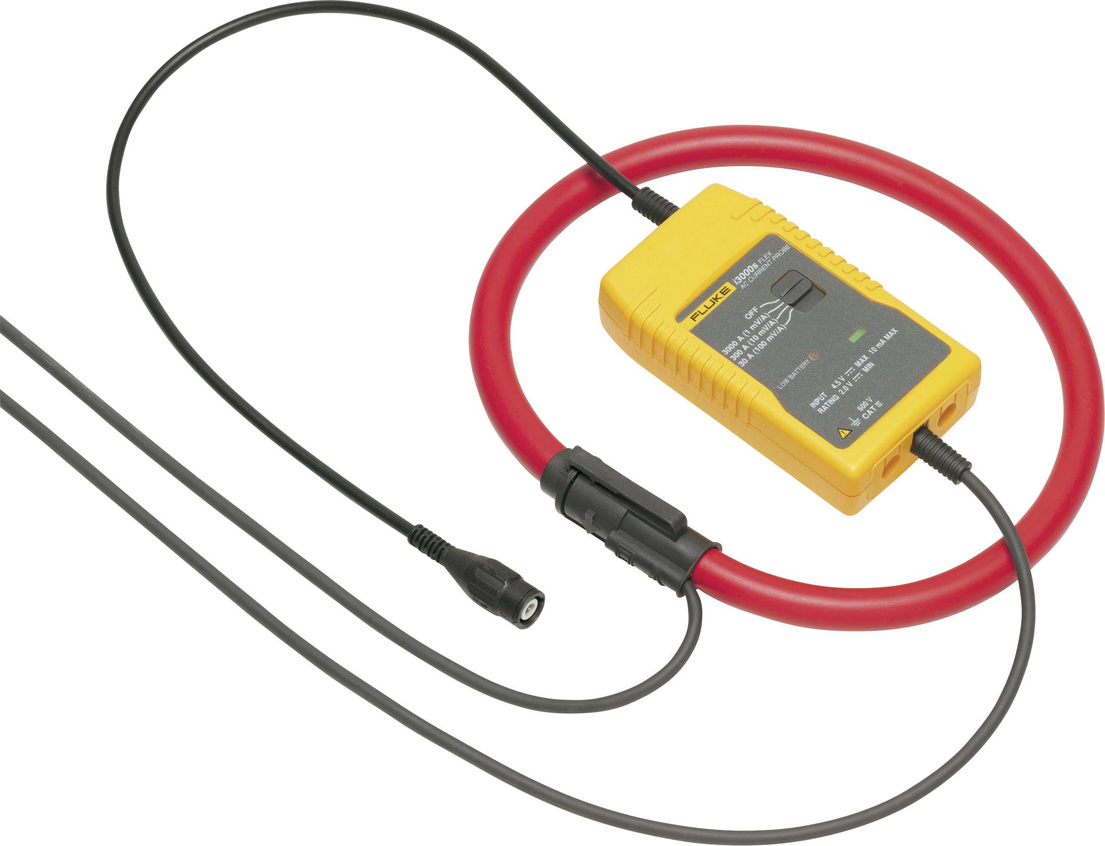 Een geel elektrisch meetapparaat met een rood snoer en een zwarte stekker, gebruikt voor stroommetingen.