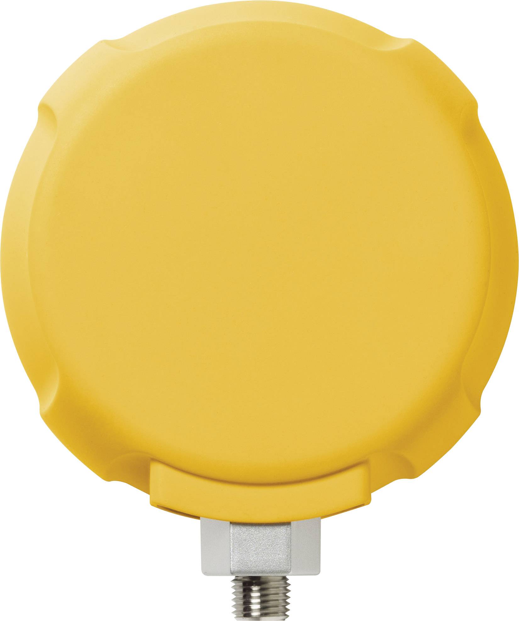 Geel rond industrieel apparaat met metalen bevestiging onderaan, vermoedelijk een sensor of meetinstrument in een technische omgeving.