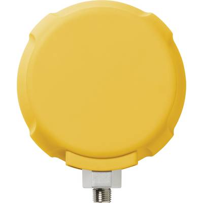 Geel rond industrieel apparaat met metalen bevestiging onderaan, vermoedelijk een sensor of meetinstrument in een technische omgeving.