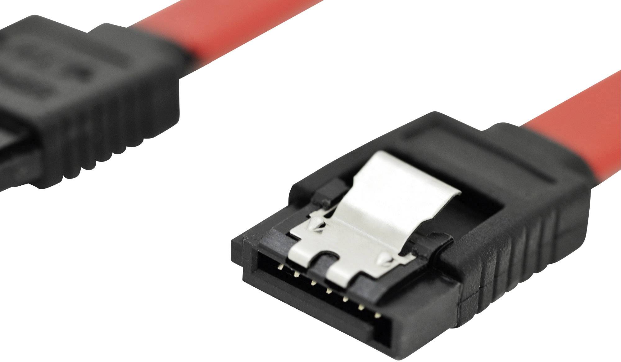 Een rood SATA-datakabel met twee zwarte aansluitingen, gebruikt voor het aansluiten van opslagapparaten op het moederbord van een computer.