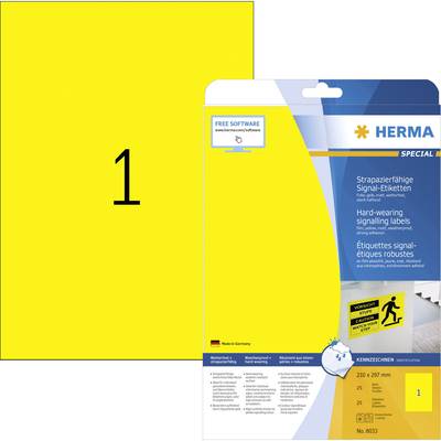 Herma 8033 Signaaletiketten 210 x 297 mm Folie Geel 25 stuk(s) Permanent hechtend Laser (kleur), Laser (zwart/wit), Kopi
