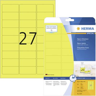 Herma 5140 Signaaletiketten 63.5 x 29.6 mm Papier Neon-geel 540 stuk(s) Permanent hechtend Inkjet, Laser (zwart/wit), La