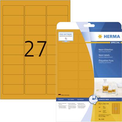 Herma 5141 Signaaletiketten 63.5 x 29.6 mm Papier Neon-oranje 540 stuk(s) Permanent hechtend Inkjet, Laser (zwart/wit), 