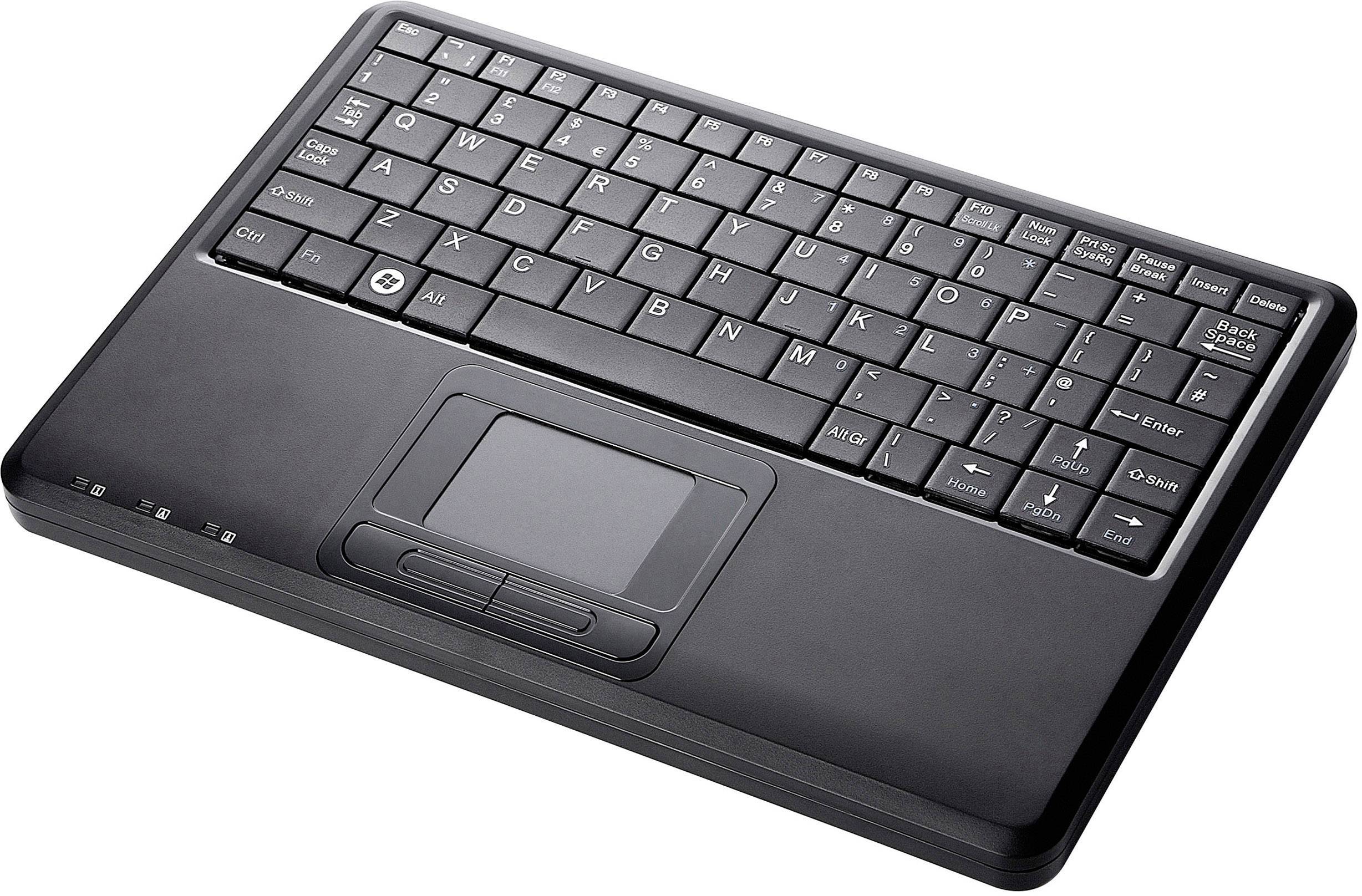 Zwarte, compacte toetsenbord met geïntegreerd touchpad, ideaal voor ruimtebesparende computergebruik.
