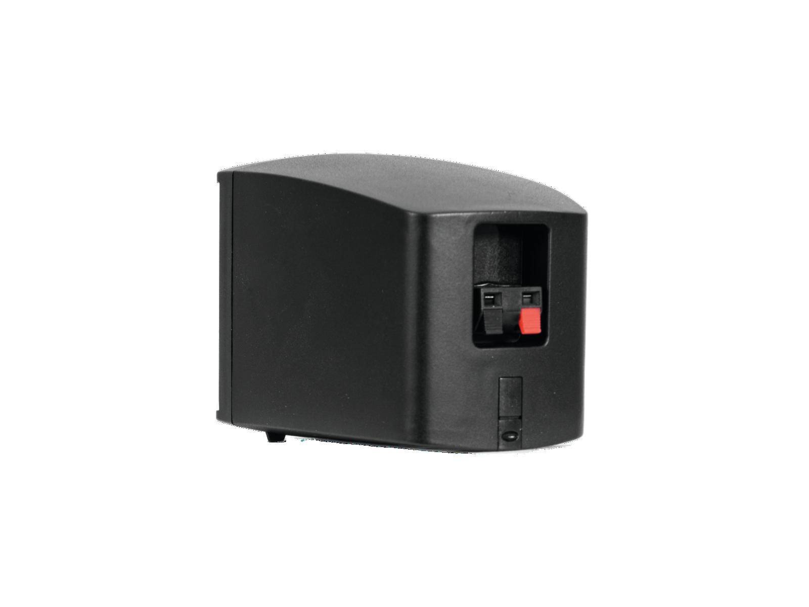 Een zwarte, rechthoekige batterij met een rode knop in het midden.