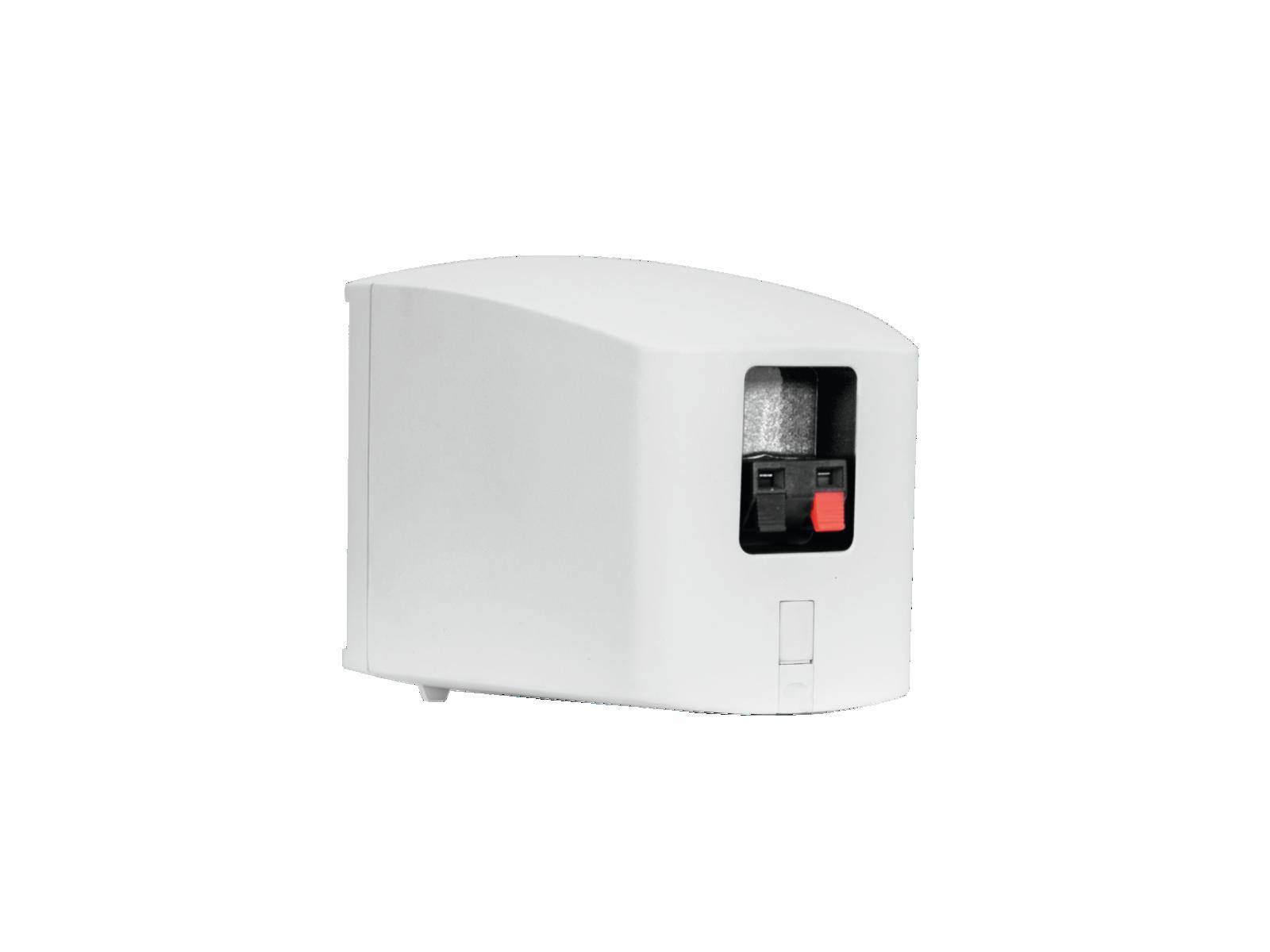 Een witte, elektrische potloodslijper met een zwarte en rode schakelknop op een witte achtergrond. Ideaal voor betrouwbaar en gelijkmatig slijpen van potloden.
