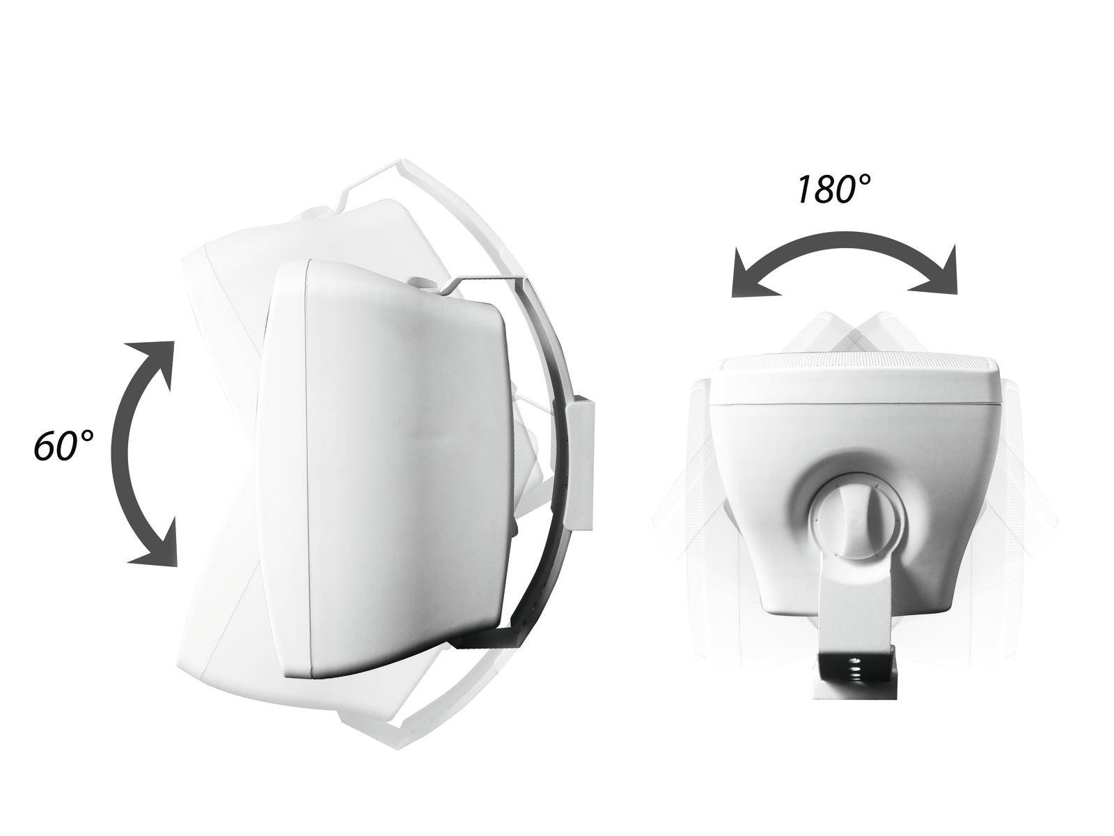 De afbeelding toont een witte ventilator met een zijdelingse kanteling van 60° en een verticale kanteling van 180°, om flexibiliteit in de luchtstroom te bieden.