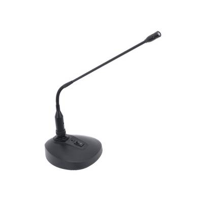 Een zwart tafelmicrofoon met flexibele hals en stabiele voet, geschikt voor toespraken en conferenties.
