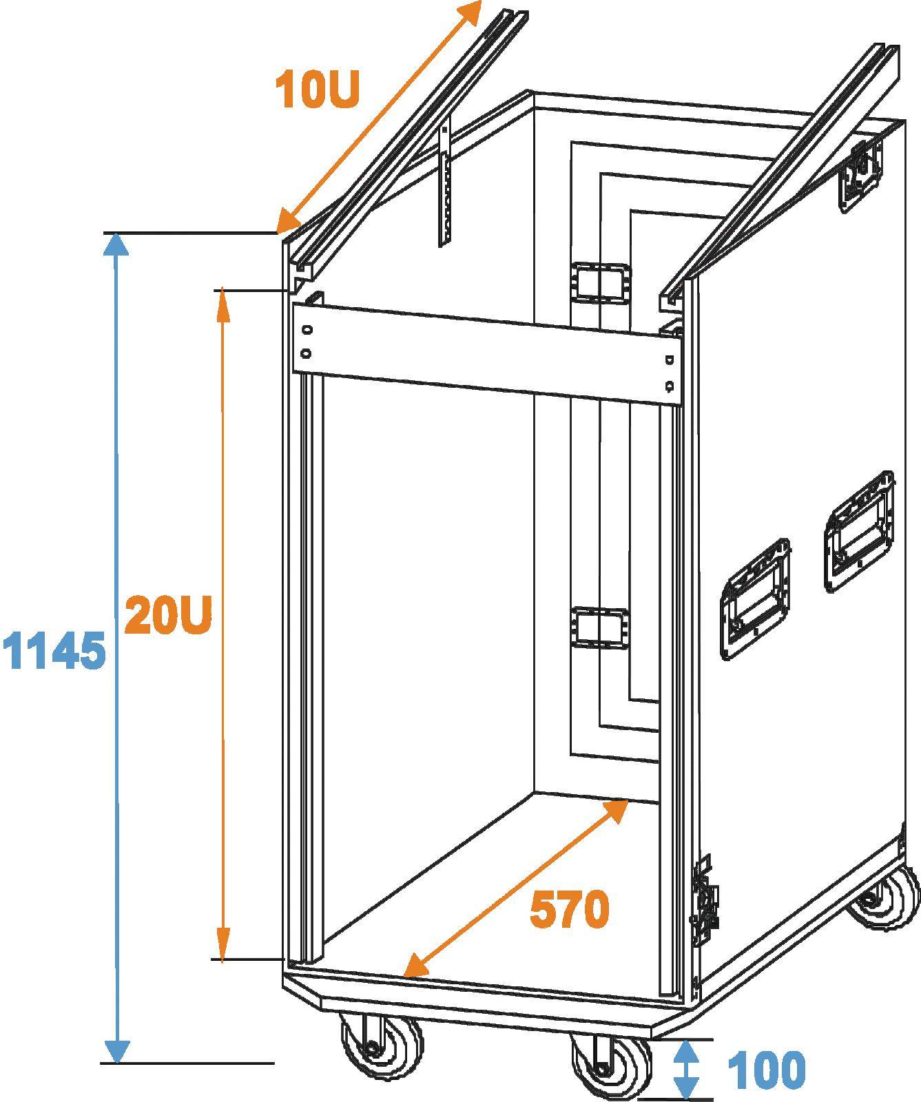 Open metalen frame op wielen met twee verticale latten. Aanduiding: '10U' boven, '20U' links, '570' onder, '1145' links, '100' onder.