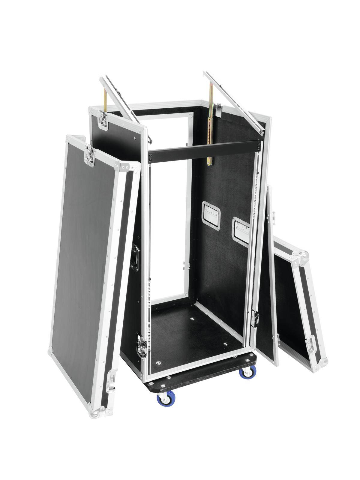 Een open zwarte transportkoffer op wielen met zilveren randen en uitneembare deuren, speciaal ontworpen voor veilig transport.