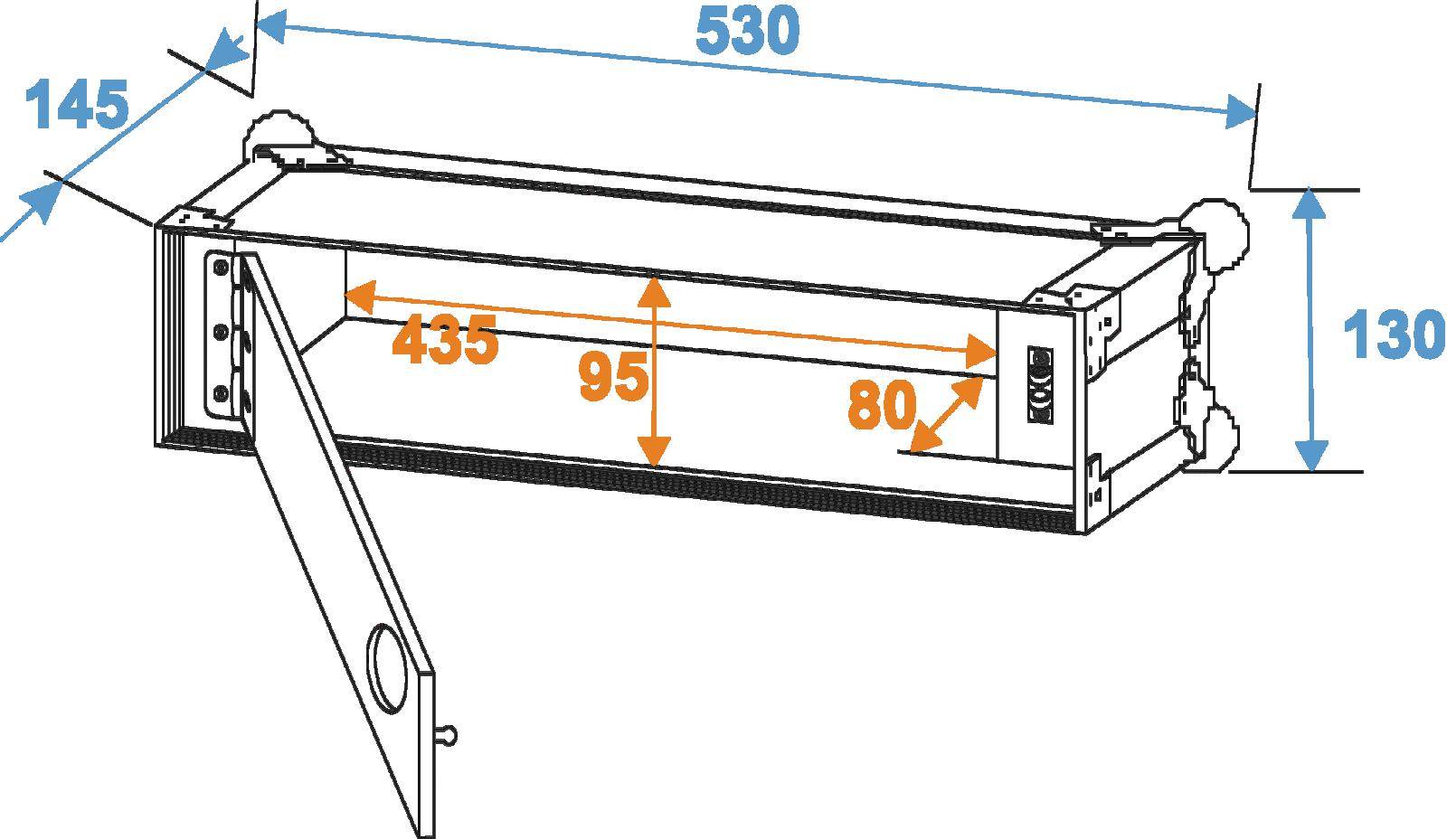 Technische tekening van een rechthoekige behuizing met afmetingen: breedte 530 mm, diepte 145 mm, hoogte 130 mm, inwendige maten 435 mm, 95 mm en 80 mm.