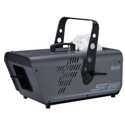 Rookmachine, model 'SW-250', ligt op een witte achtergrond. Zwarte behuizing met handgreep en ventilatiesleuven.