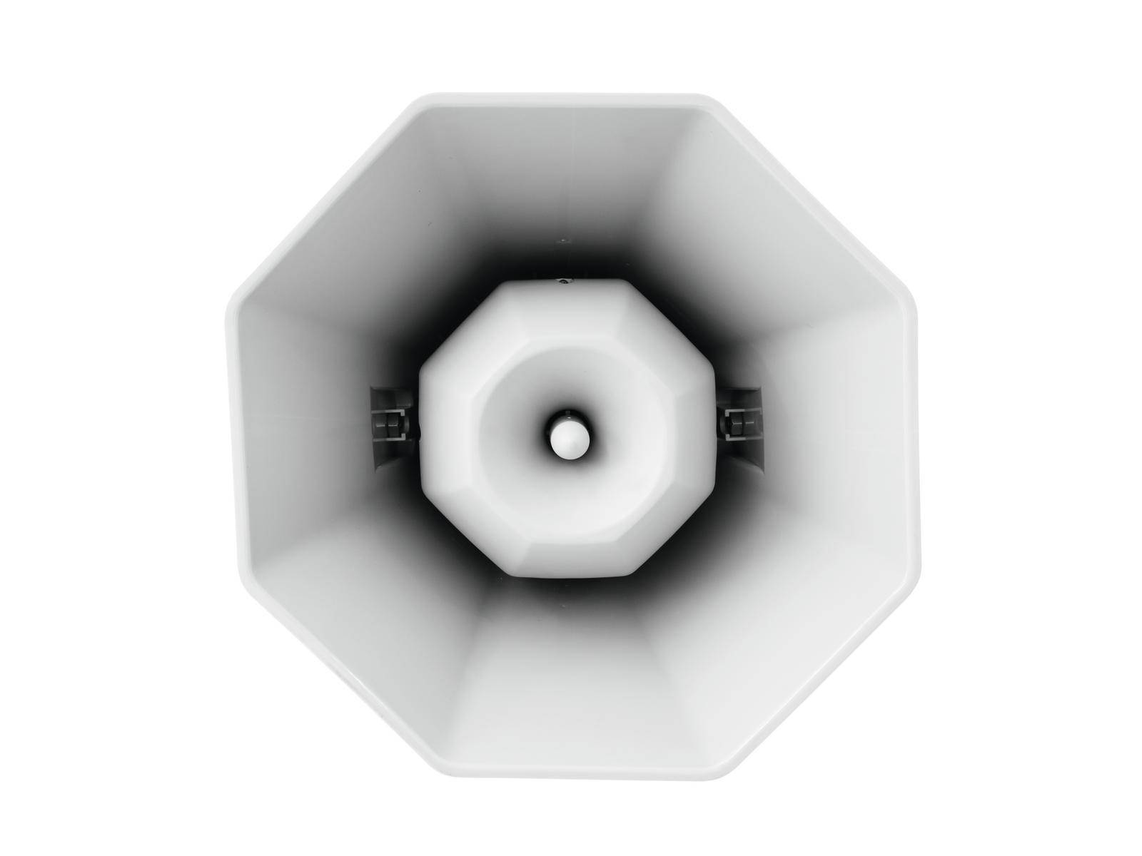 Een witte, achthoekige luidspreker, gezien van bovenaf, toont zijn symmetrische vorm en centrale opening.
