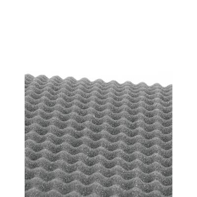 Grijze geluiddempende schuimmat met golvende structuur. Deze dient ter reductie van geluid en akoestische isolatie in verschillende ruimtes.