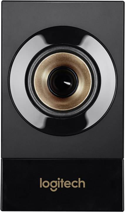 Zwarte luidspreker van Logitech met centrale driver in goud- en zwartkleurige afwerking.