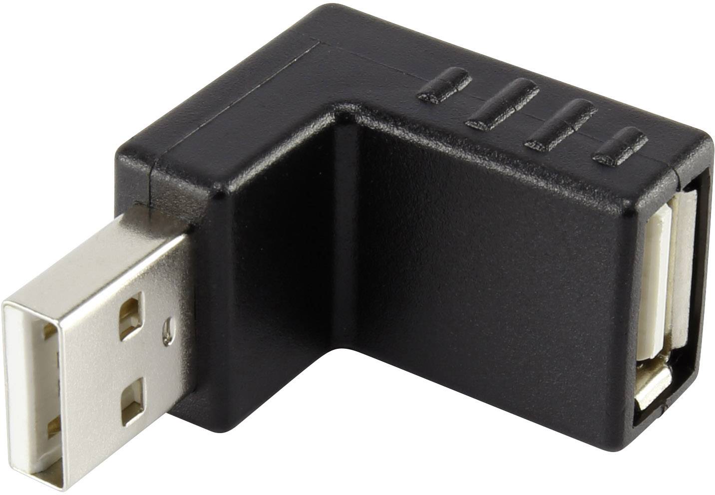 Zwarte USB-adapter met haakse ontwerp; aan de ene kant een USB-stekker, aan de andere kant een USB-poort voor gemakkelijke aansluitrichting.