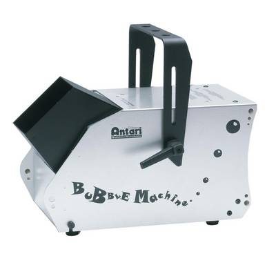 Een zilveren bellenmachine met het opschrift 'Bubble Machine'. Hij heeft een draaggreep en een zwarte uitlaat.