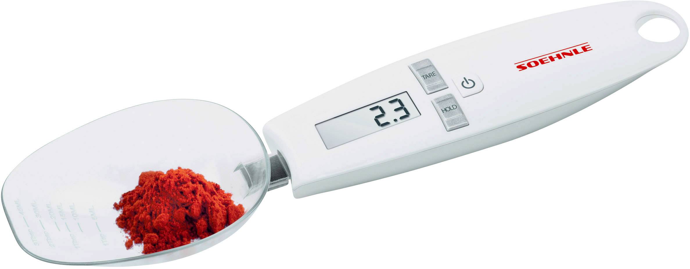 Elektronische maatlepel met digitaal display toont 2,3 gram poeder. Perfect voor het nauwkeurig afwegen van kleine hoeveelheden in de keuken.