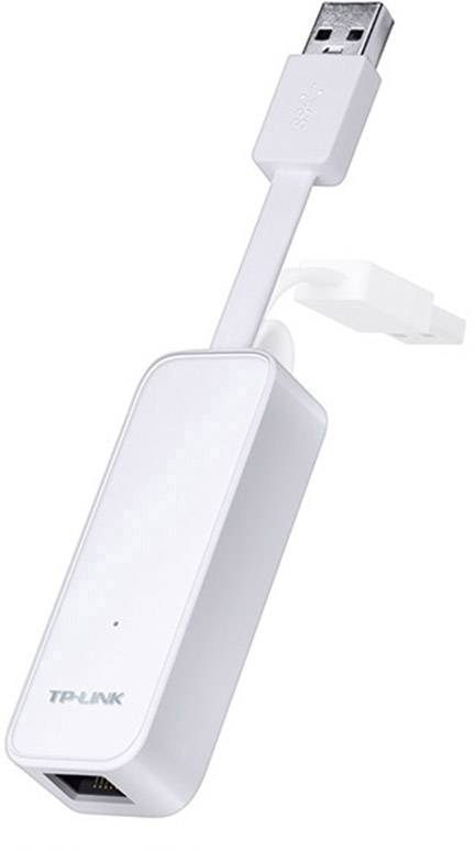 Een compacte witte USB-netwerkadapter van TP-Link met Ethernet-aansluiting, geschikt voor het verbinden van een computer met een bekabeld netwerk.
