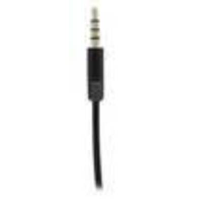 Een zwarte 3,5-mm-audiostekker met vier ringen, met zichtbaar kabel. Wordt vaak gebruikt om hoofdtelefoons aan te sluiten op audioapparatuur.