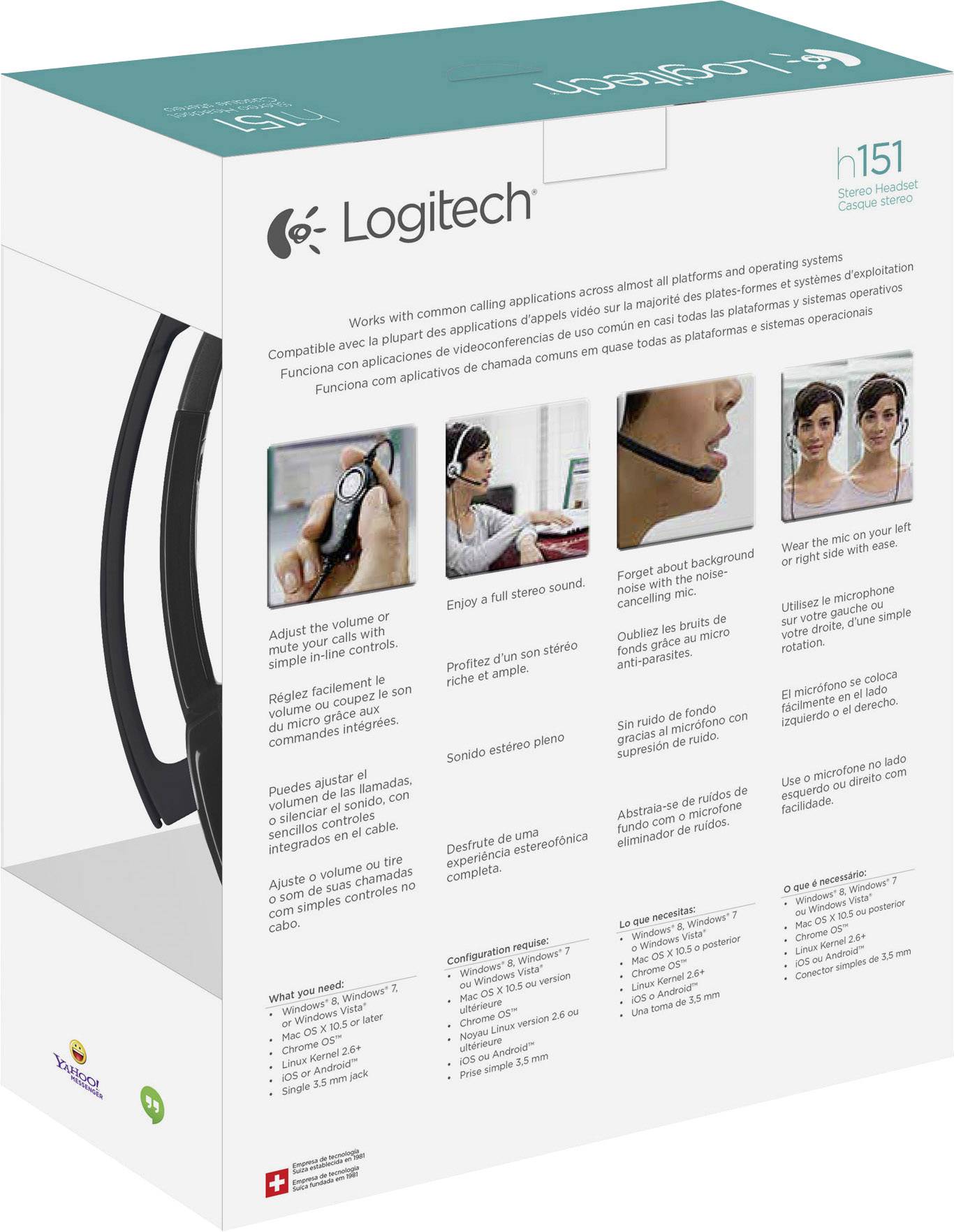 De verpakking van een Logitech H151 Stereo-headset toont het product, belangrijke functies en specificaties in meerdere talen.