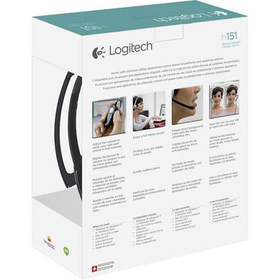 De verpakking van een Logitech H151 Stereo-headset toont het product, belangrijke functies en specificaties in meerdere talen.